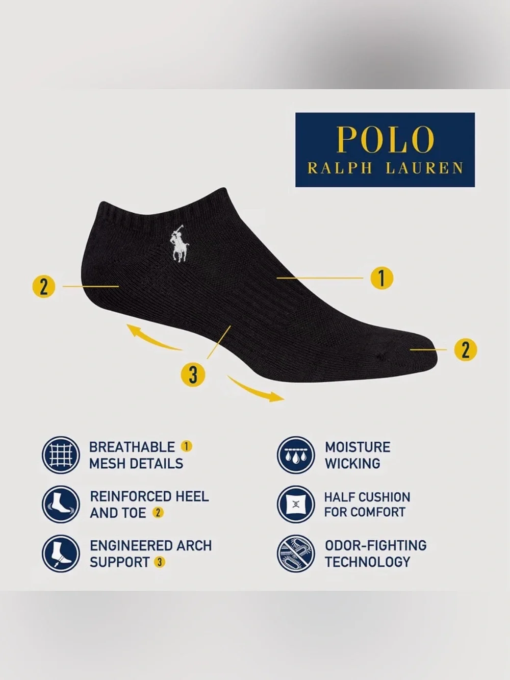 Polo by Ralph Lauren Men’s Black No-Show Performance ankle Socks (6-Pack).New